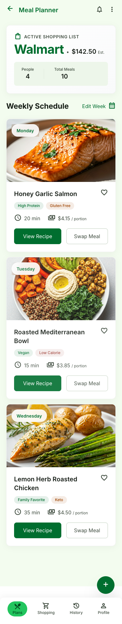 Plenti meal plan overview screen