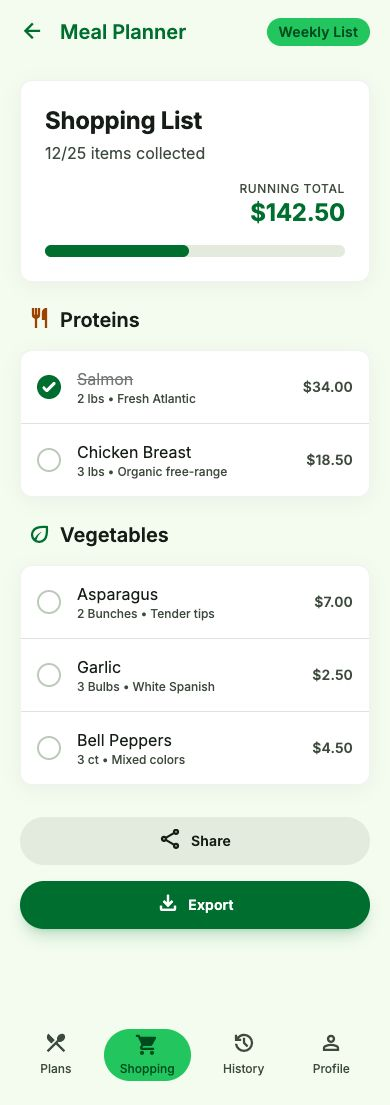 Plenti shopping list screen
